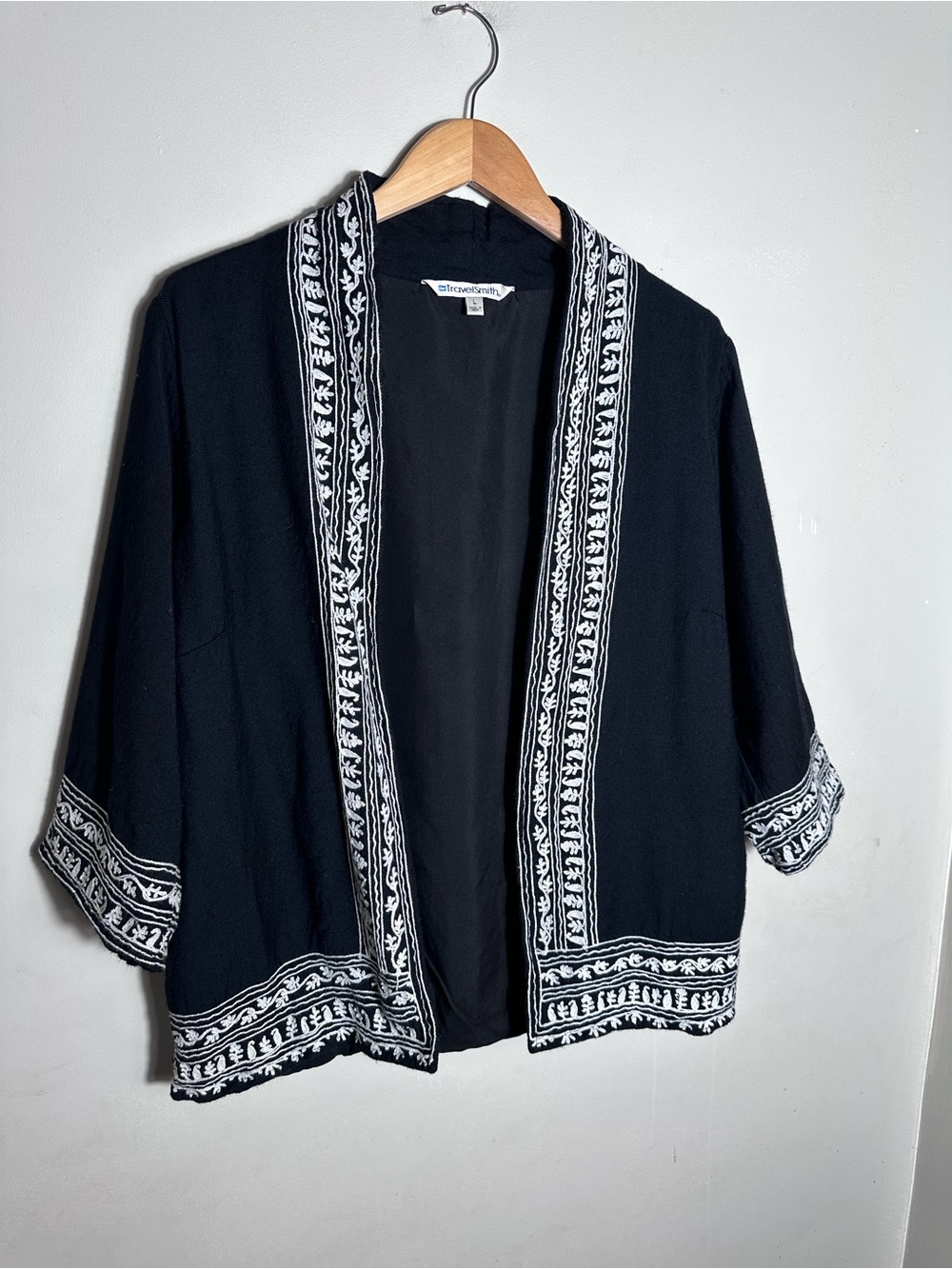 TravelSmith Black Kimono Jacket with White Embroidered Trim